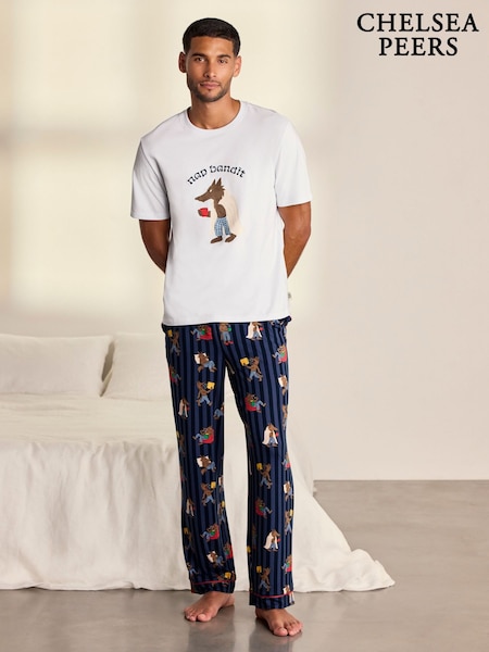 Blue - Regular Chelsea Peers Nap Bandit Wolf Graphic Tee Long Pyjamas Set