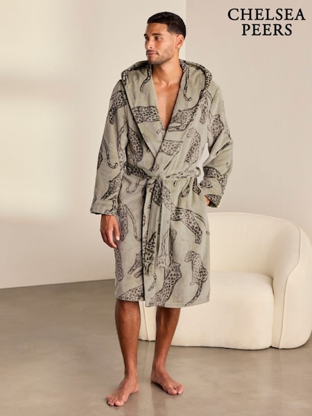 Green - Regular Chelsea Peers Fleece Lino Cut Leopard Print Hooded Dressing Gown