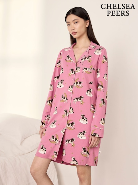 Pink - Chelsea Peers Cotton Cosmic Cow Print Nightshirt