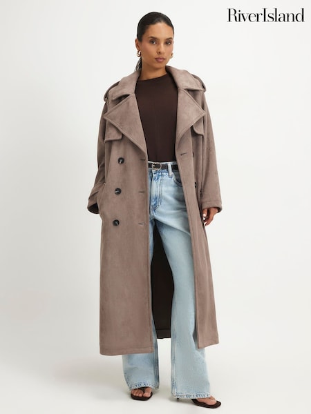 Brown - River Island Petite Suedette Double Breasted Trench Coat