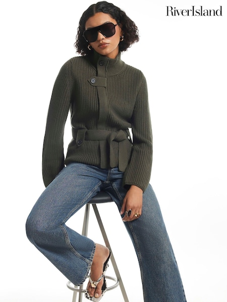 Green - River Island Tie Rib Cardigan