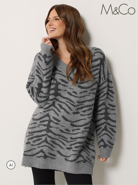Grey - M&co Zebra Print V-neck Tunic Jumper