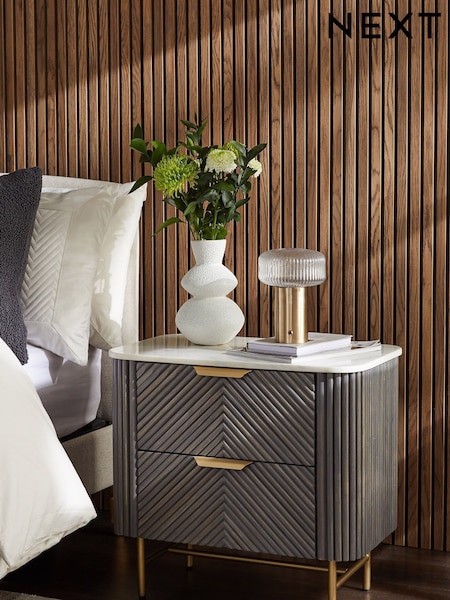 Dark Grey Valencia Marble and Mango Wood 2 Drawer Wide Bedside Table (267347) | £450