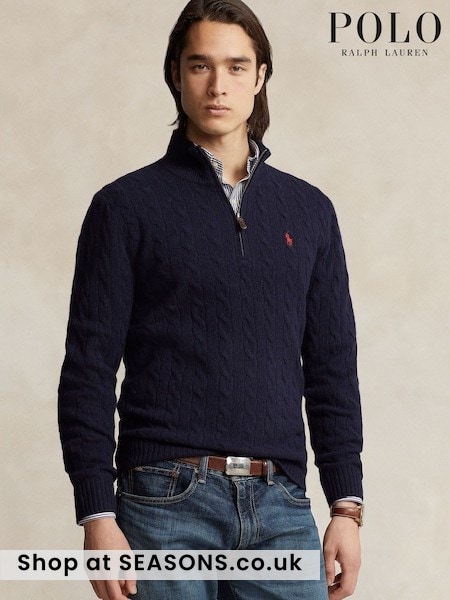 Navy - Regular Polo Ralph Lauren Wool Cashmere Cable Knit Quarter Zip Jumper