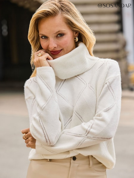 White - Sosandar Cowl Neck Pointelle Jumper