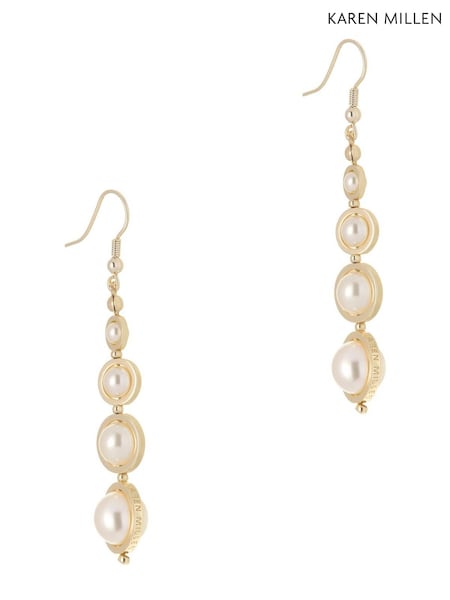 Gold Tone - Karen Millen Logo Pearl Drop Earrings