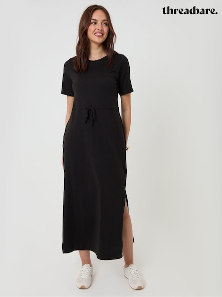 Black - Threadbare Pure Cotton Crew Neck Side Split Midi Dress