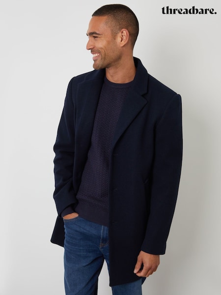 Blue - Regular Threadbare Faux Wool Overcoat
