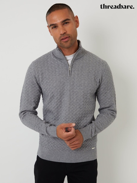 Grey - Regular Threadbare Textured Cable Knit Quarter Zip Jumper