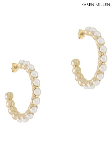 Gold Tone - Karen Millen Logo Pearl Hoop Earrings