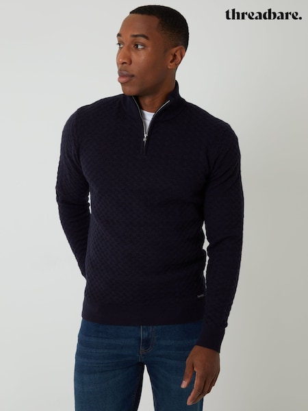 Blue - Regular Threadbare Textured Cable Knit Quarter Zip Jumper