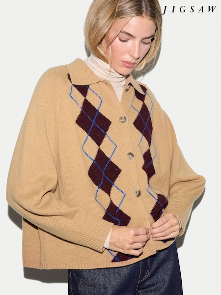 Cream - Jigsaw Wool Cashmere Argyle Cardigan