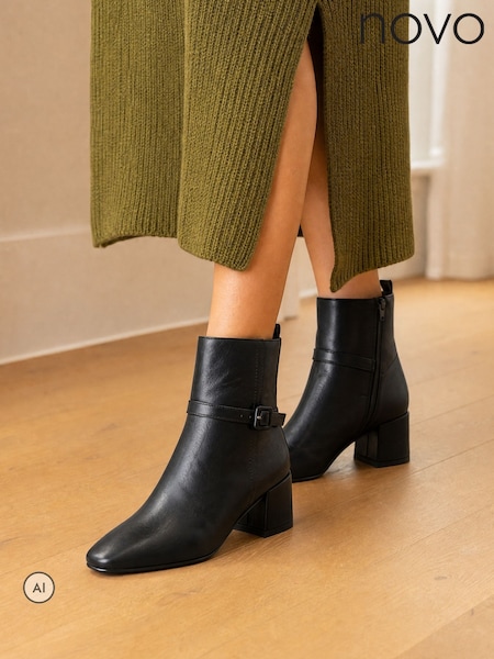 Black - Novo Karla Block Heel Buckle Detail Ankle Boots