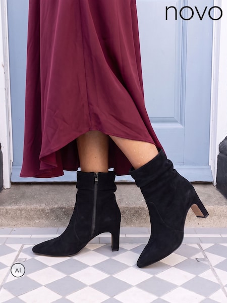Black - Novo Kallie Ruched Ankle Mid Slim Block Boots