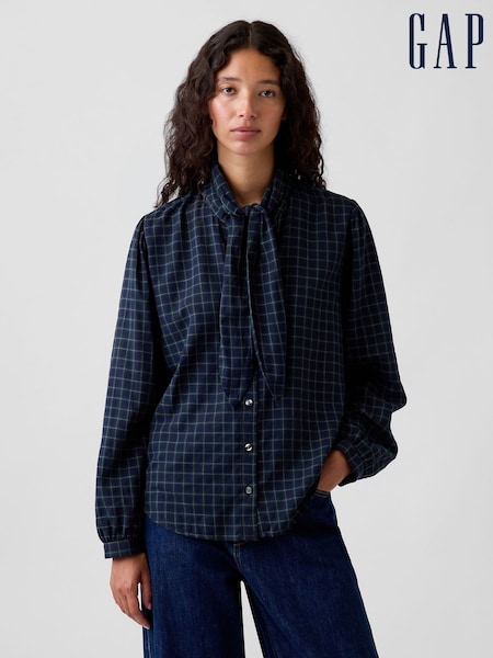 Blue Green - Gap Check Tie-neck Shirt