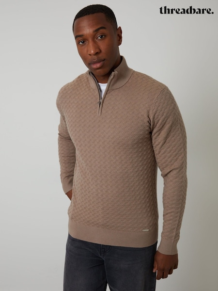 Natural - Regular Threadbare Textured Cable Knit Quarter Zip Jumper