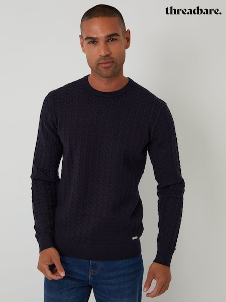 Blue - Regular Threadbare Cable Knit Crew Neck Jumper