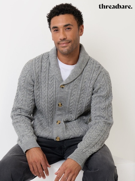 Grey - Regular Threadbare Cable Knit Shawl Cardigan