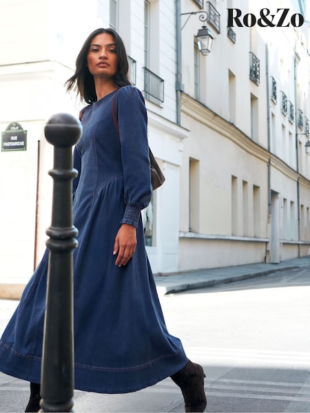 Blue - Ro&zo Denim Gathered Side Midi Dress