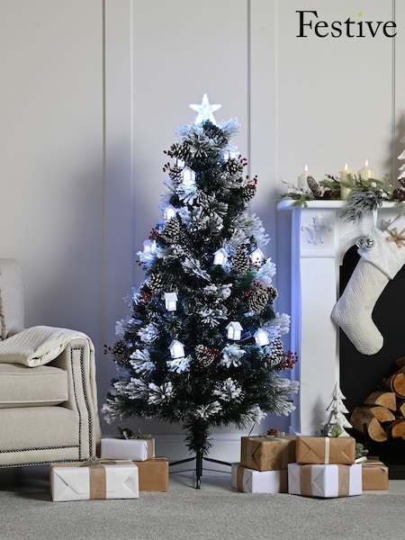Festive 4ft Frosted Fibre Optic Christmas Tree With Glowing Houses