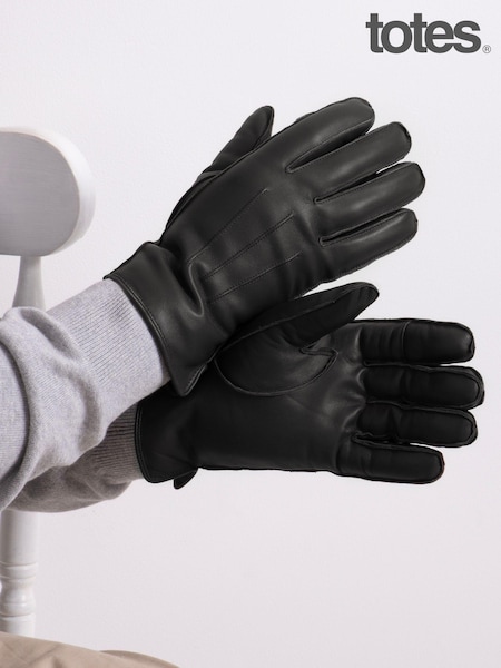 Totes Black Isotoner Mens Premium 3 Point Winter Leather Gloves With Faux Fur Lining (274327) | £35