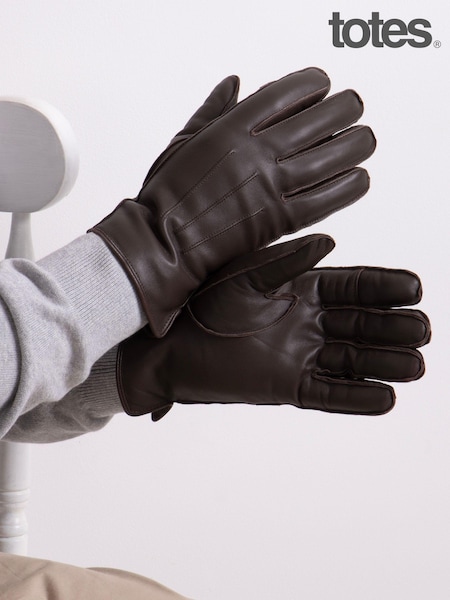 Totes Brown Isotoner Mens Premium 3 Point Winter Leather Gloves With Faux Fur Lining (274452) | £35