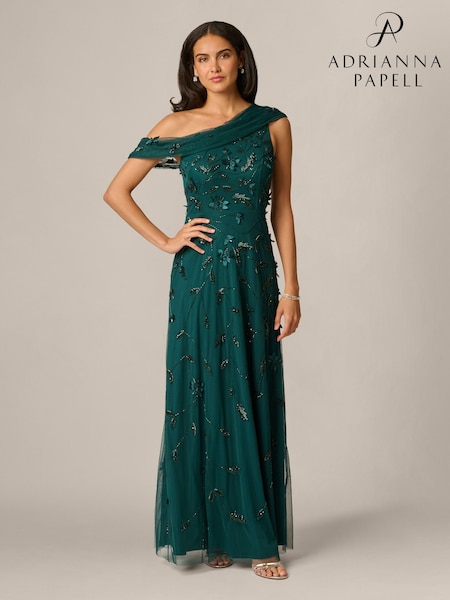 Green - Adrianna Papell Bead Asymmetric Mesh Dress