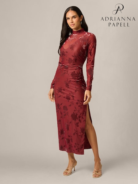 Brown - Adrianna Papell Velvet Burnout Midi Dress