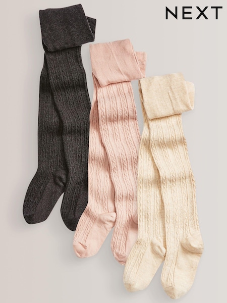 Charcoal Grey/Pink/Cream 3 Pack Cotton Rich Cable Tights (275337) | £15 - £21