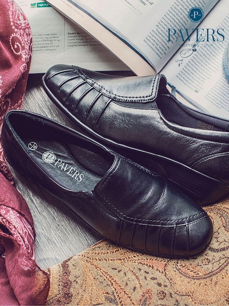 Pavers Black Ladies Wide Fit Leather Slip-On Shoes (275385) | £38