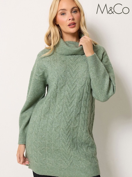 Green - M&co Cable Knit Roll Neck Jumper