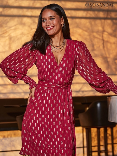 Sosandar Pink Metallic Spot Print Belted Wrap Dress (276740) | £75