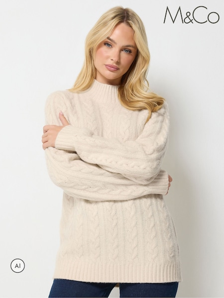 Cream - M&co Cable Knit Funnel Neck Jumper