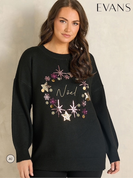 Black - Evans Sequin Wreath Christmas Jumper