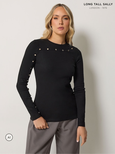 Black - Long Tall Sally Metal Detail Ribbed Top