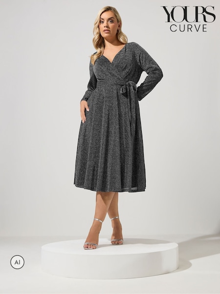 Silver - Yours Curve Metallic Wrap Dress