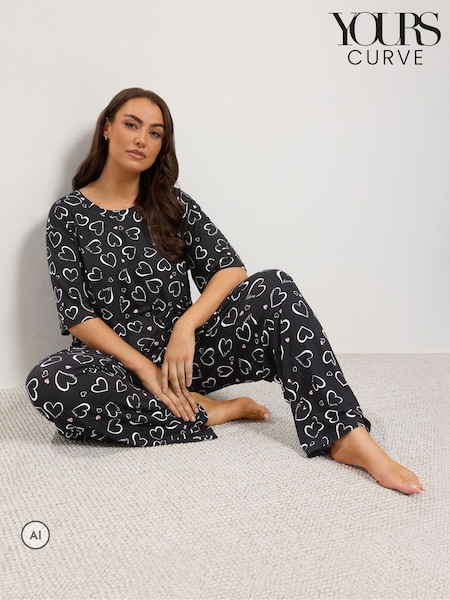 Grey - Yours Curve Heart Print Wide Leg Pyjamas Set