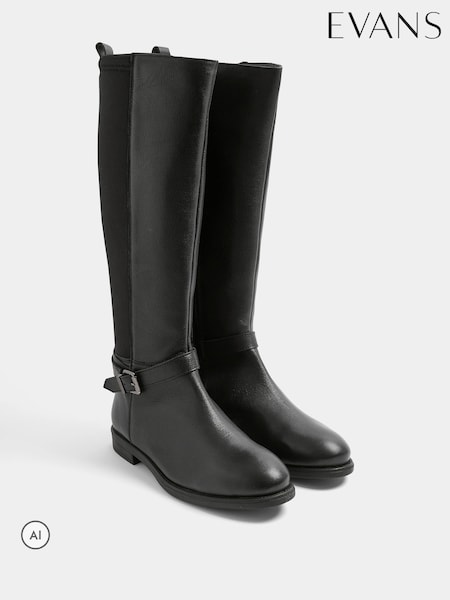 Black - Evans Leather Buckle Knee High Riding Boots In Wide E Fit