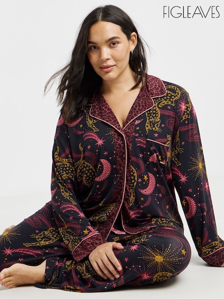 Black - Figleaves Celestial Leopard Contrast Pyjamas & Eyemask Set