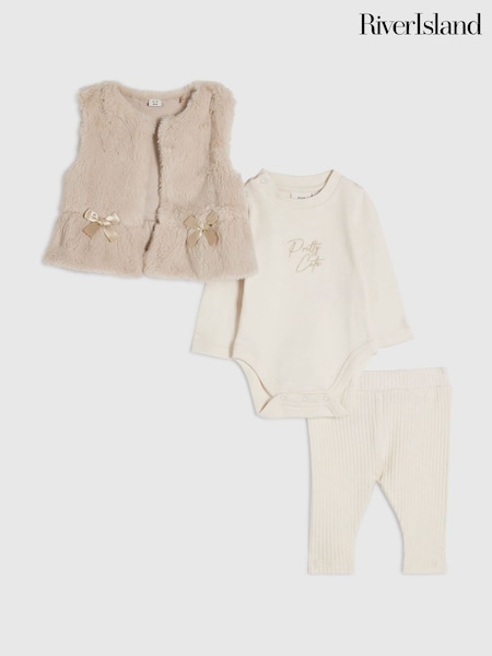 Brown - River Island Faux Fur Gilet With Ribbed Bodysuit & Leggings Set