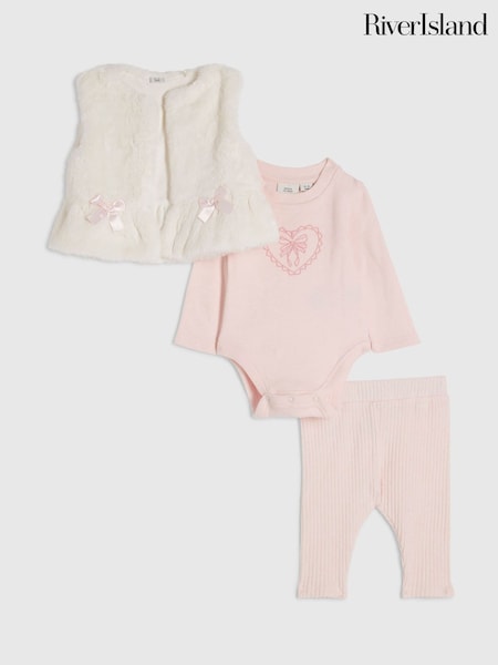 Pink - River Island Faux Fur Gilet With Ribbed Bodysuit & Leggings Set