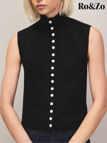 Black - Ro&zo Pearl Button Through Knit Top With Wool