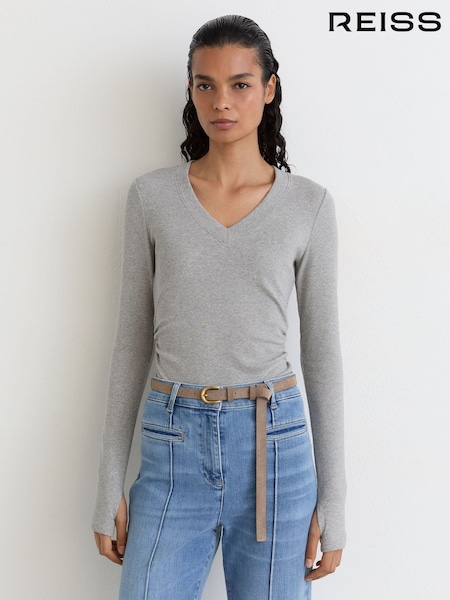 Grey Marl - Reiss Sandrine Cotton-stretch V-neck Ruched Top