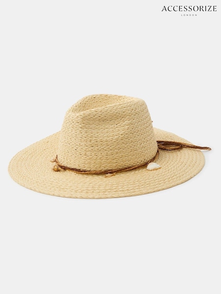Natural - Accessorize Shell Charm Straw Fedora Hat