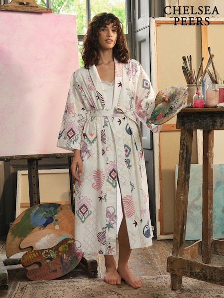 Natural - Chelsea Peers Cotton Bohemian Leopard Print Kimono Dressing Gown
