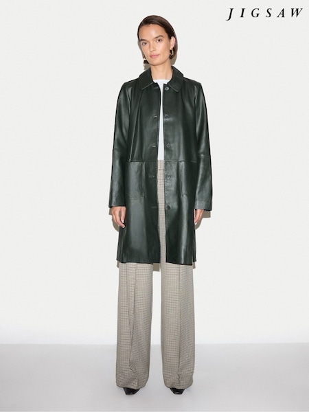 Green - Jigsaw Leather Knee Length Coat