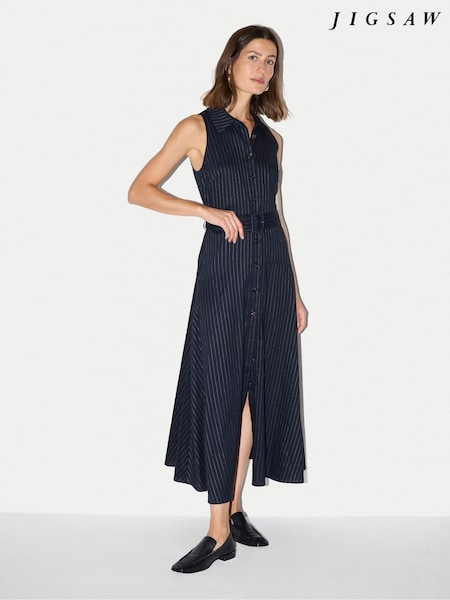 Blue - Jigsaw Pinstripe Belted Dress