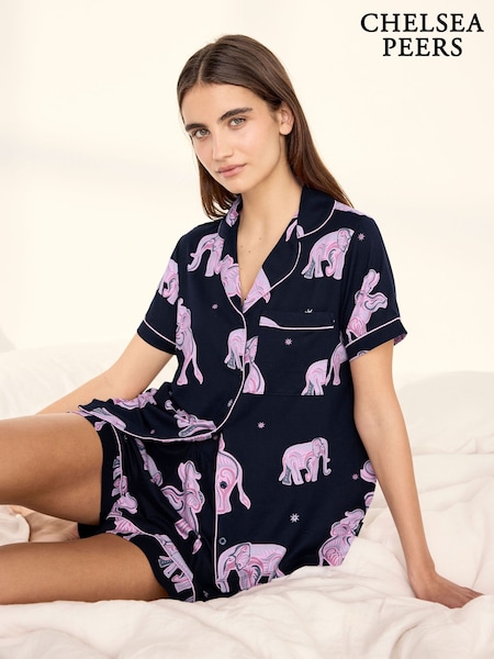 Blue - Chelsea Peers Elephant Dreamscape Print Short Pyjamas Set