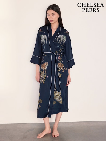 Blue - Chelsea Peers Satin Moonlight Safari Print Kimono Dressing Gown