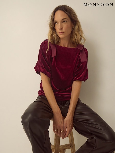 Red - Monsoon Vittoria Short Sleeve Bow Velvet Top
